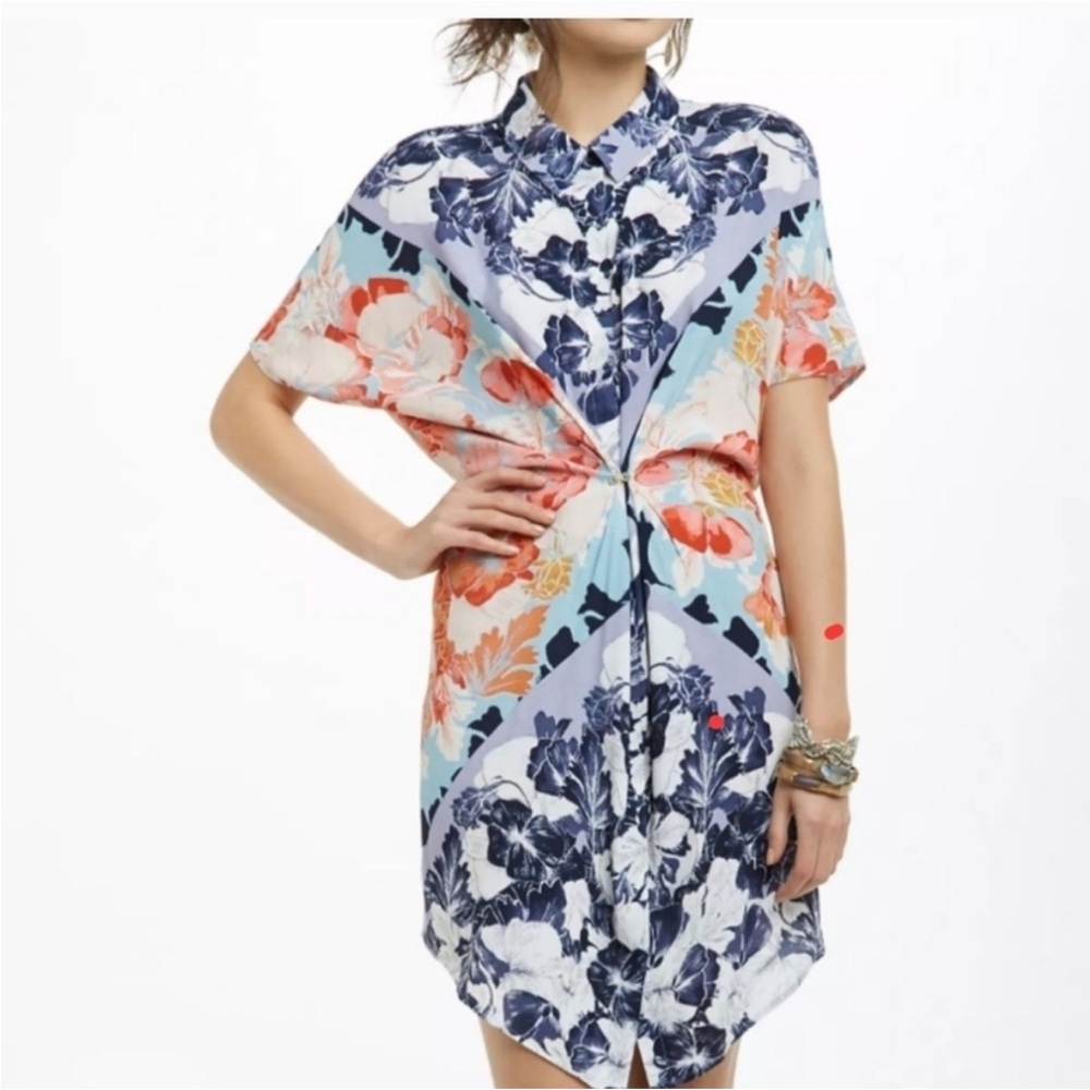 Anthropologie Maeve Hibiscus Bloom Shirt Dress Trendy Summer Flowy Chic